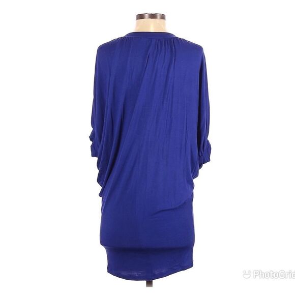 GIANNI BINI Beaded Mini Tunic Dress Deep V Neckline Batwing Sleeve Blue Small - Picture 2 of 12